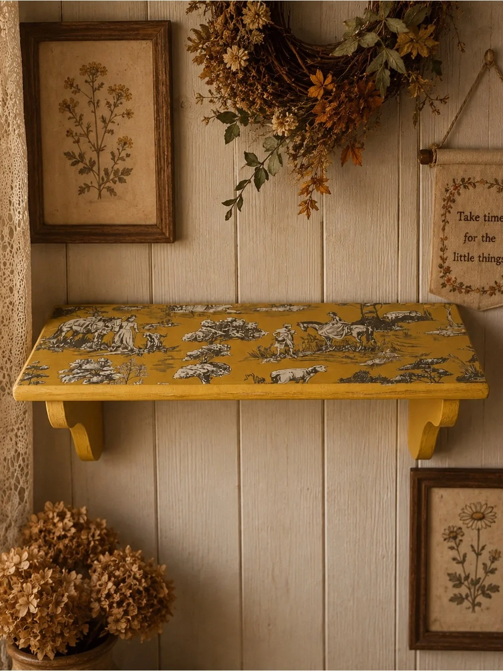 Rustic Yellow Decorative Wall Shelf w/English Toile Transfer.